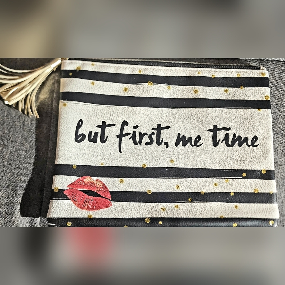 But first Me time black and white pin striped with kiss laege makeup pouch